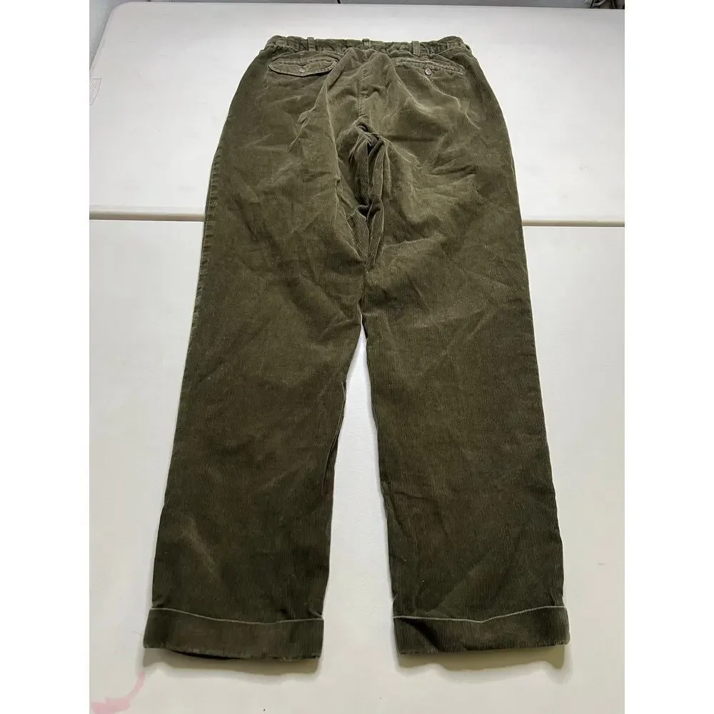 Vintage Polo Ralph Lauren HammonvCorduroy Pants Green Brown Pleated Cuffed 34/32